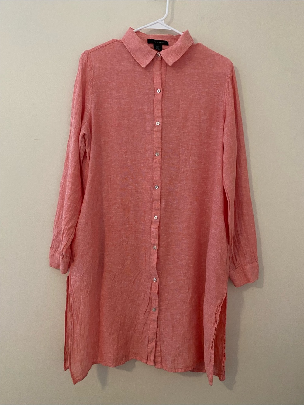TAHARI Coral Long-Sleeve Linen blend Button-Down Tunic shirt dress
